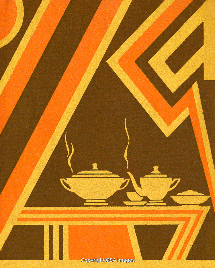 Art Deco Style Illustration Featuring Tableware in Warm Earth Tones