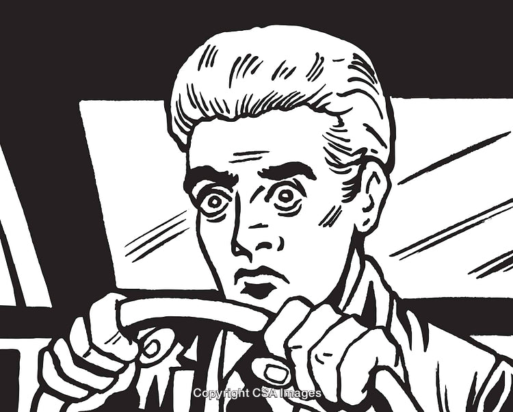 Illustration of Tense Driver Holding Steering Wheel in Black and White