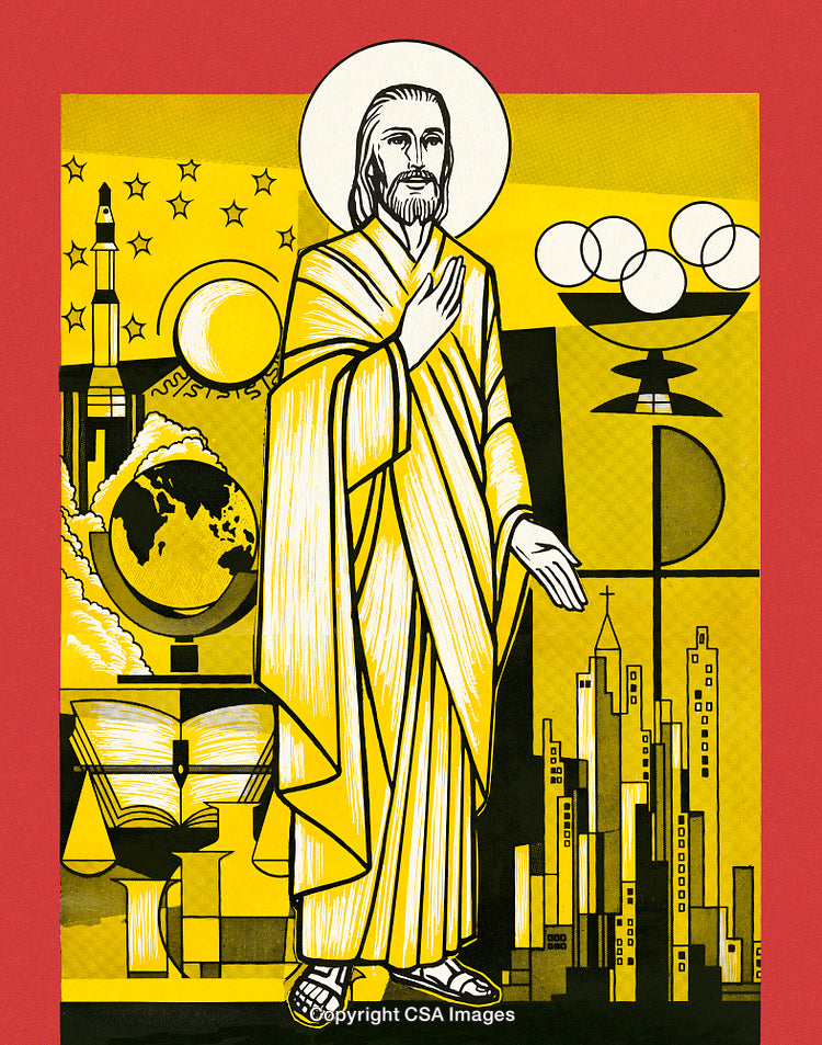 Abstract Depiction of a Spiritual Figure Amidst Modern Symbols and Imagery