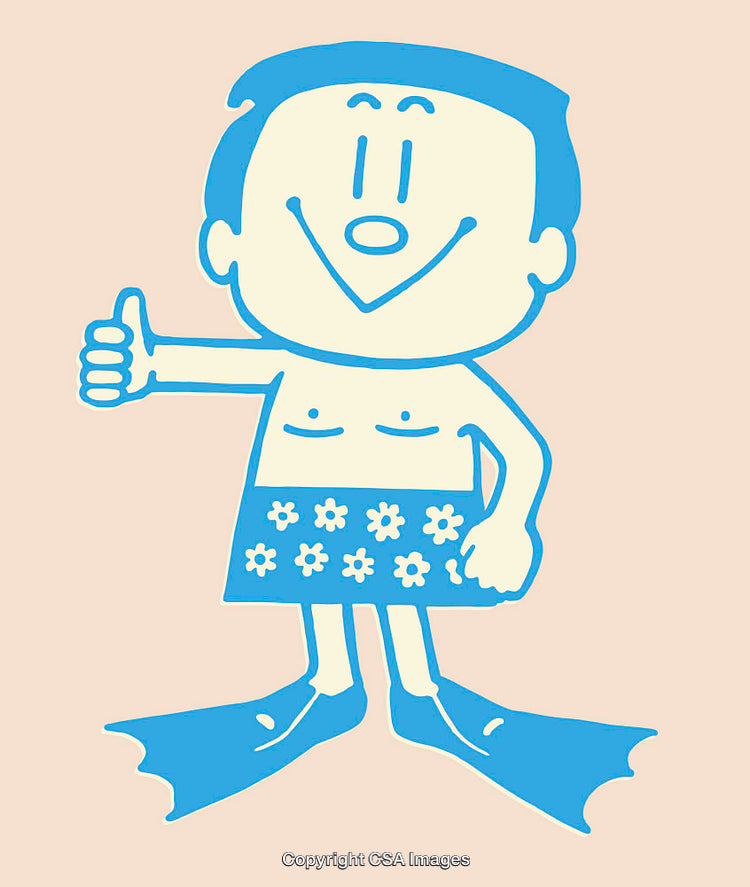 Blue and Beige Line Art of a Happy Beach Character With Flippers
