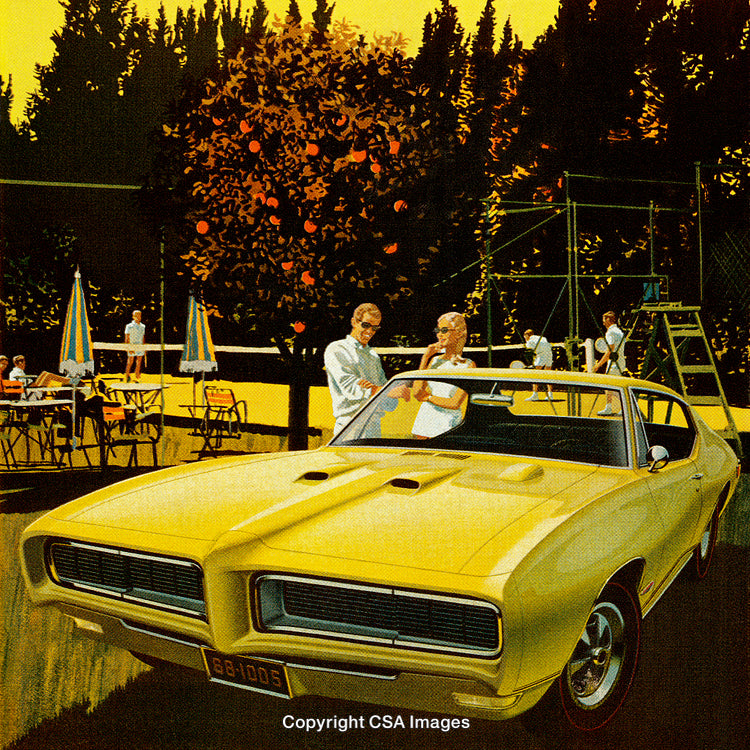 Classic Yellow Sports Car at a Stylish Outdoor Tennis Gathering