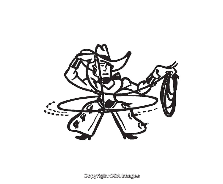 Dynamic Cowboy Line Art Illustration With Lasso and Motion Lines