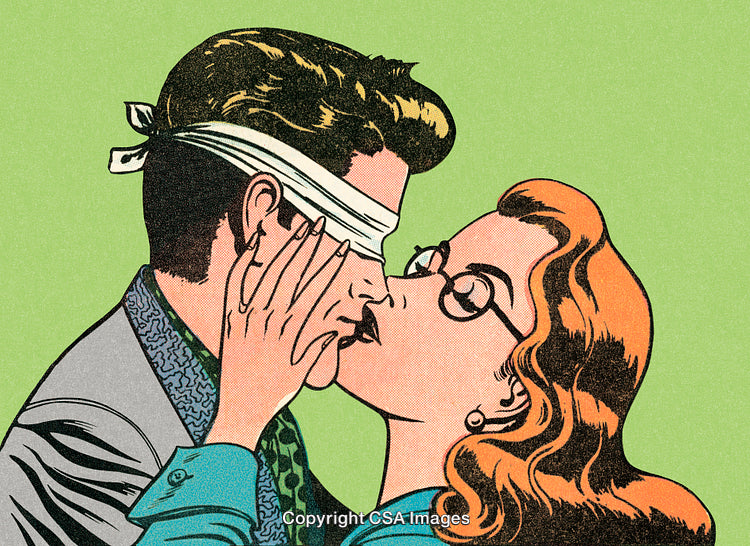 Vintage Comic Illustration Depicting a Couple Sharing a Romantic Kiss