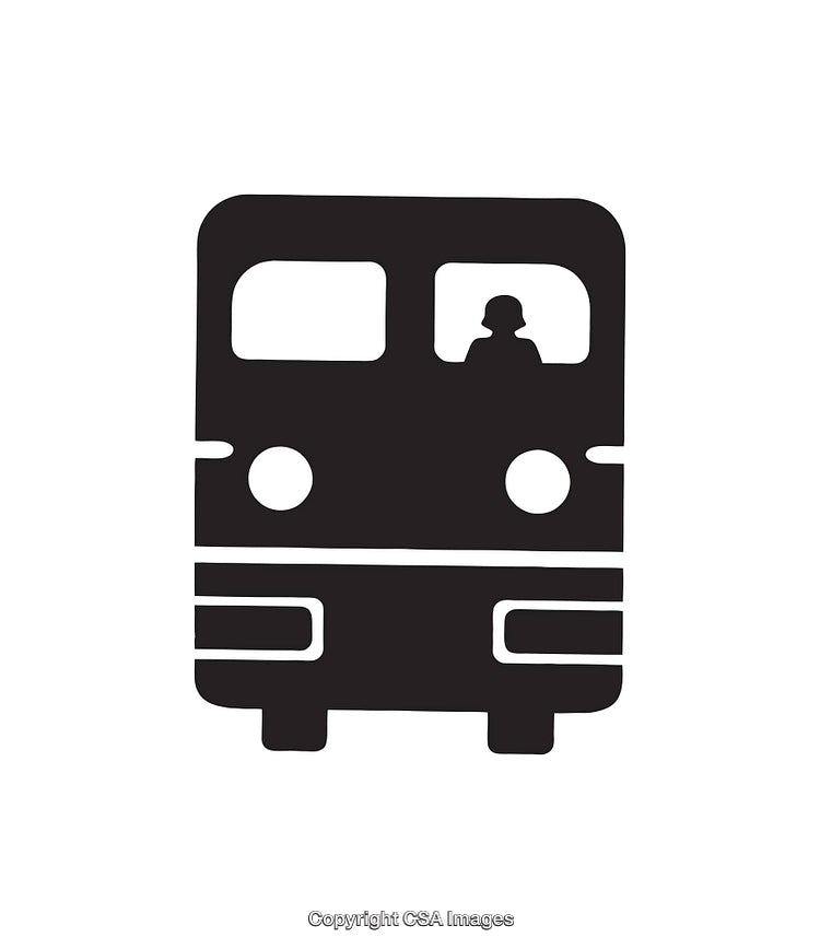 Black and White Illustration of a Bus Icon with Driver Silhouette