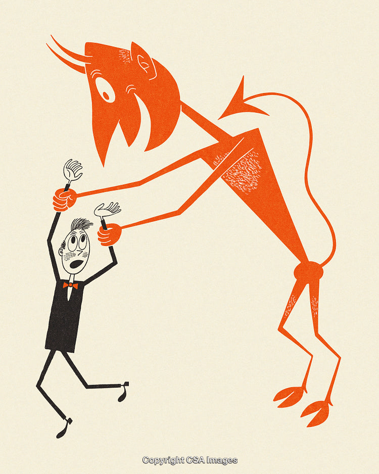 Whimsical Illustration of Devil Holding a Surprised Man in Cartoon Style