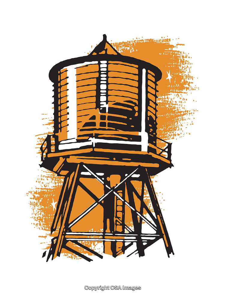 Vintage Water Tower Illustration with Orange Artistic Backdrop