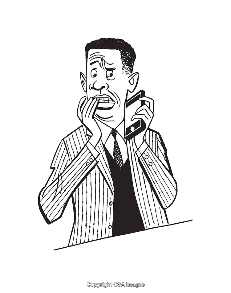 Black and White Line Art of a Nervous Man with a Smartphone