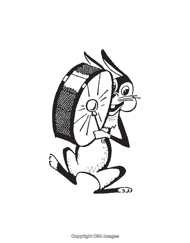 Black And White Line Illustration of a Rabbit with a Drum