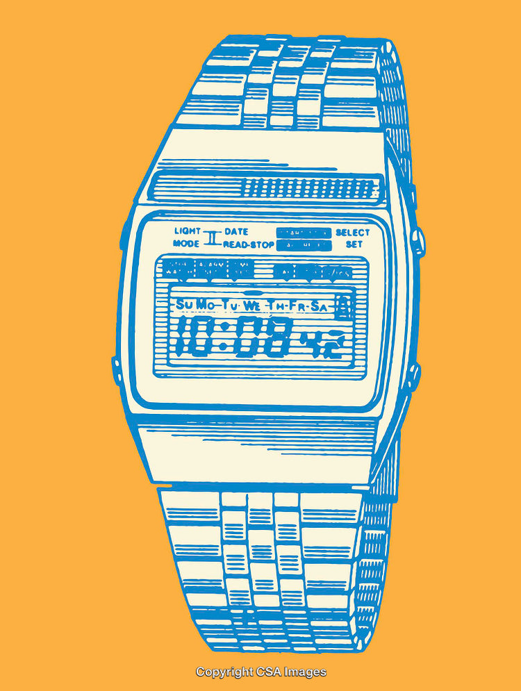 Vintage Digital Watch Illustration with Retro Color Style on Vibrant Background