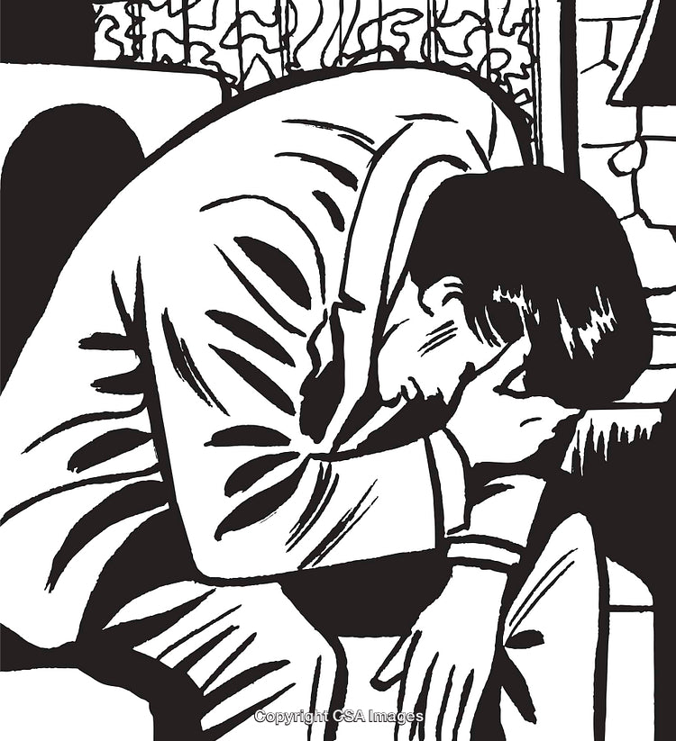 Monochrome Illustration of a Pensive Man Sitting with His Head in His Hands