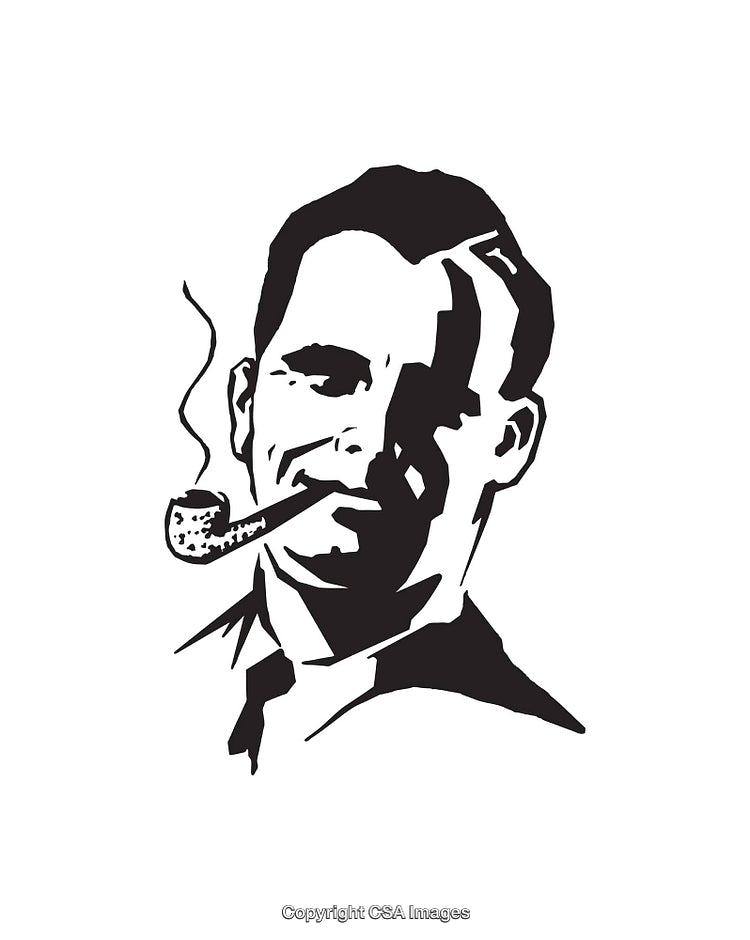 Vintage Black and White Line Art Drawing of a Smoking Man