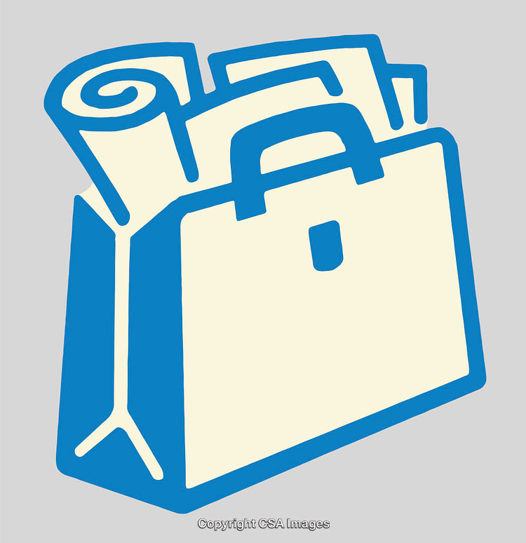 Color Line Art Depicting a Bag Containing Documents and Rolled Papers