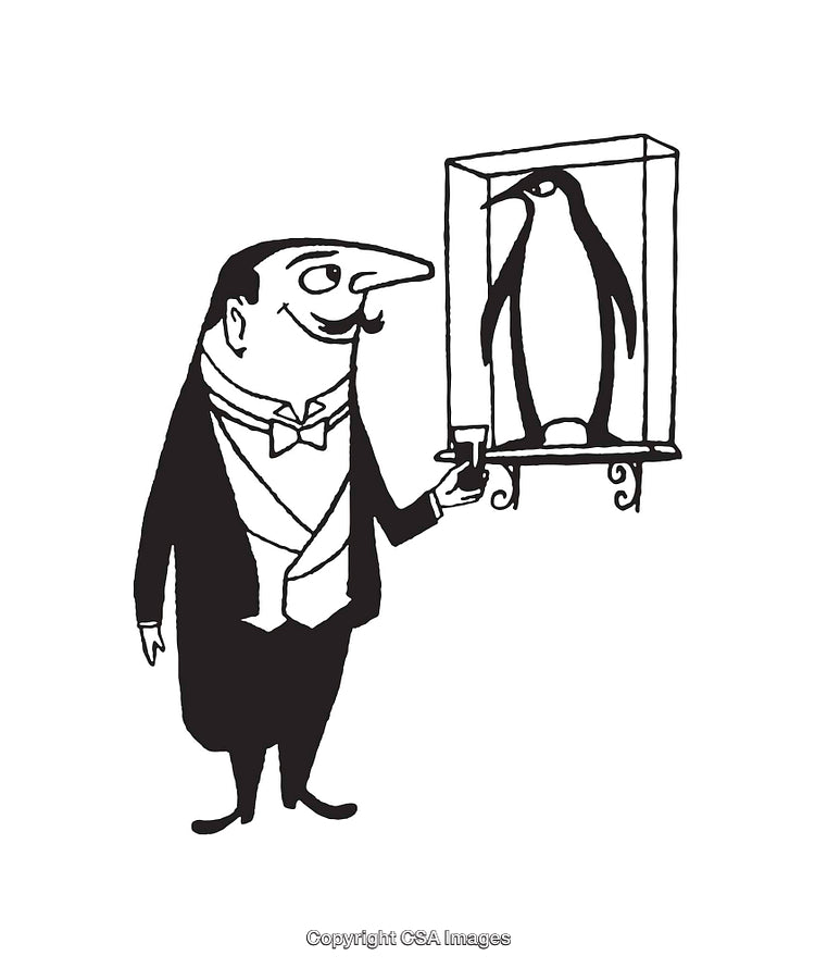 Elegant Line Art of a Gentleman and Displayed Penguin