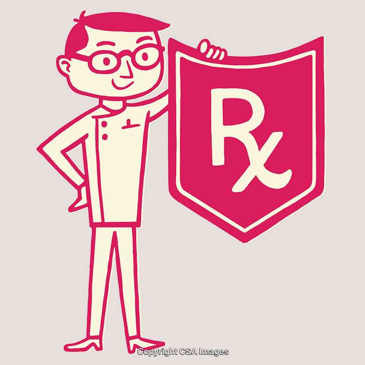 Cartoon Illustration of Pharmacist Holding Medicine Symbol Shield