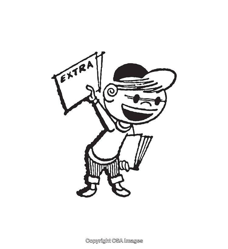 Vintage Line Art of a Cheerful Newsboy Holding a Newspaper