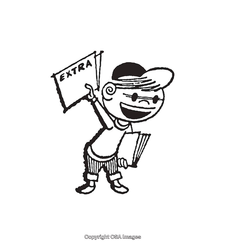 Vintage Line Art of a Cheerful Newsboy Holding a Newspaper