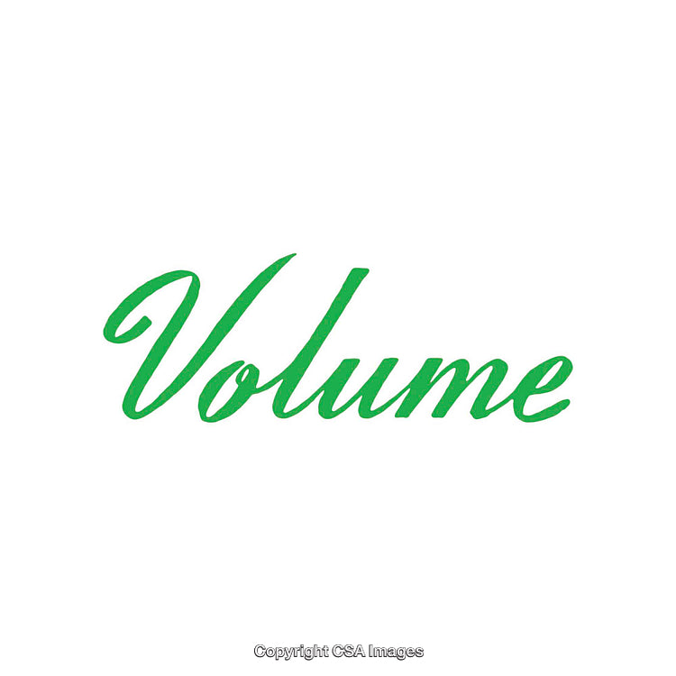 Green Script Font Spelling the Word 'Volume' on White Background
