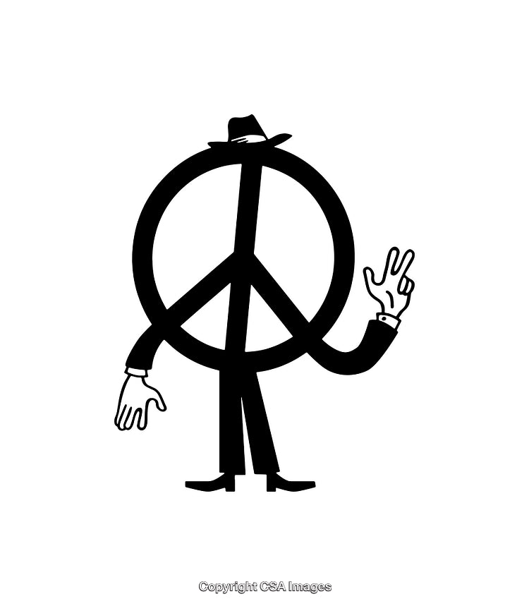 Peace Symbol Figure with Hat and Arms in Black and White Art Style