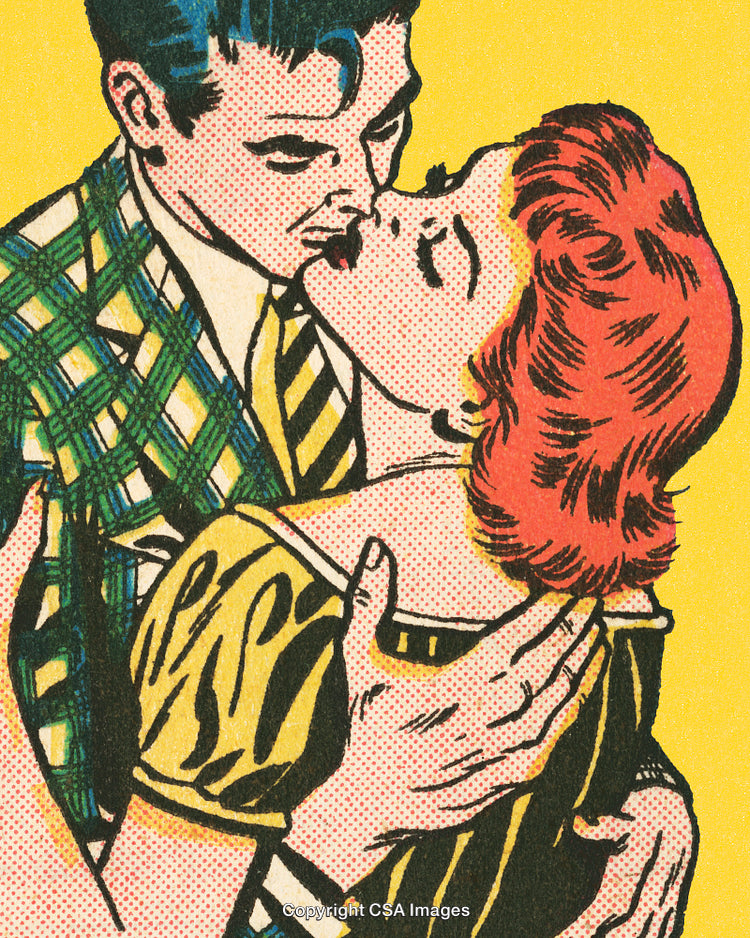 Retro Pop Art Style Depiction of a Romantic Couple Embracing