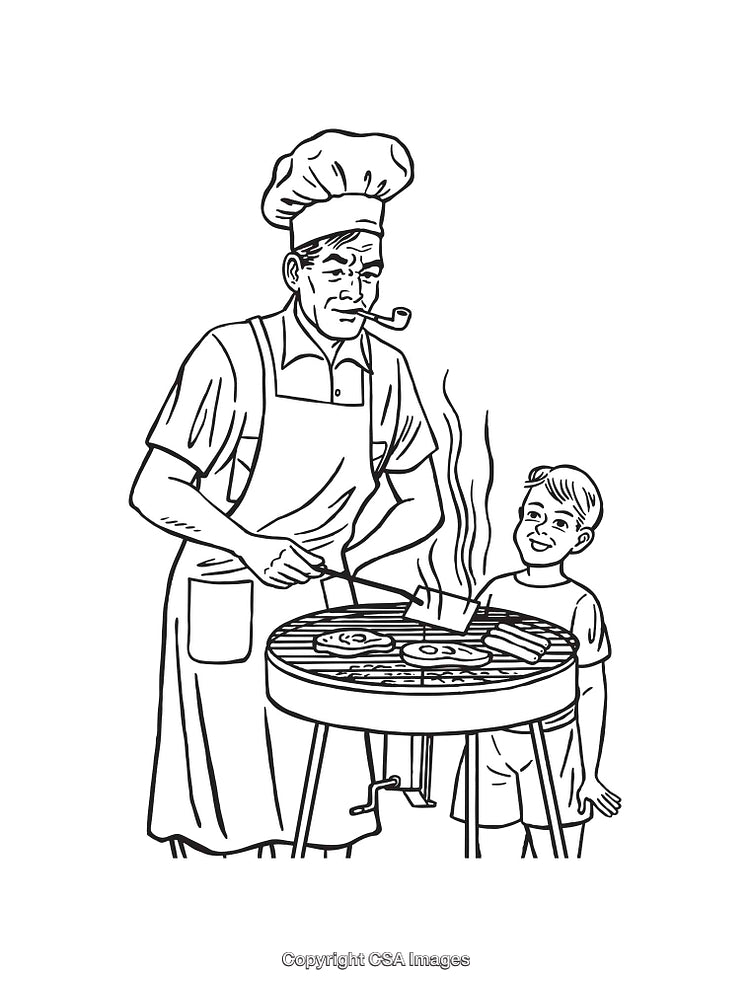 Father and Son Enjoy Outdoor Grilling in Black and White Illustration