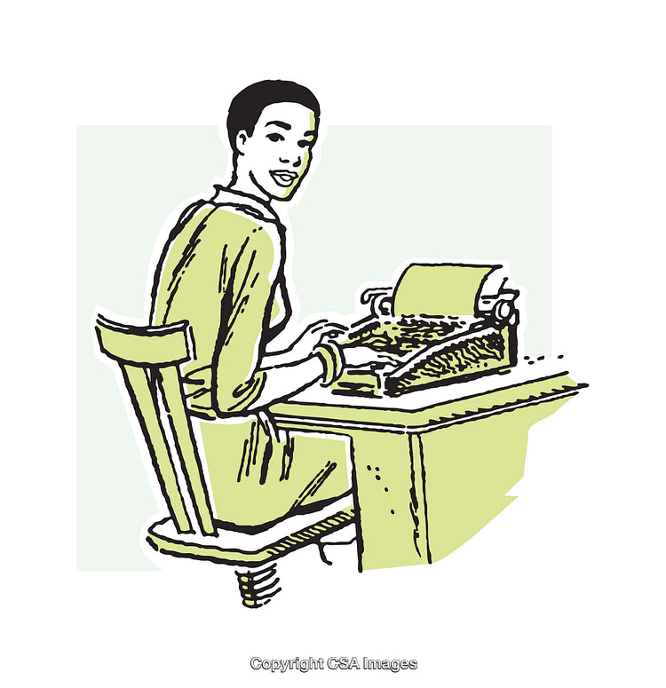 Vintage Illustration of Woman Typing on Classic Typewriter at Desk