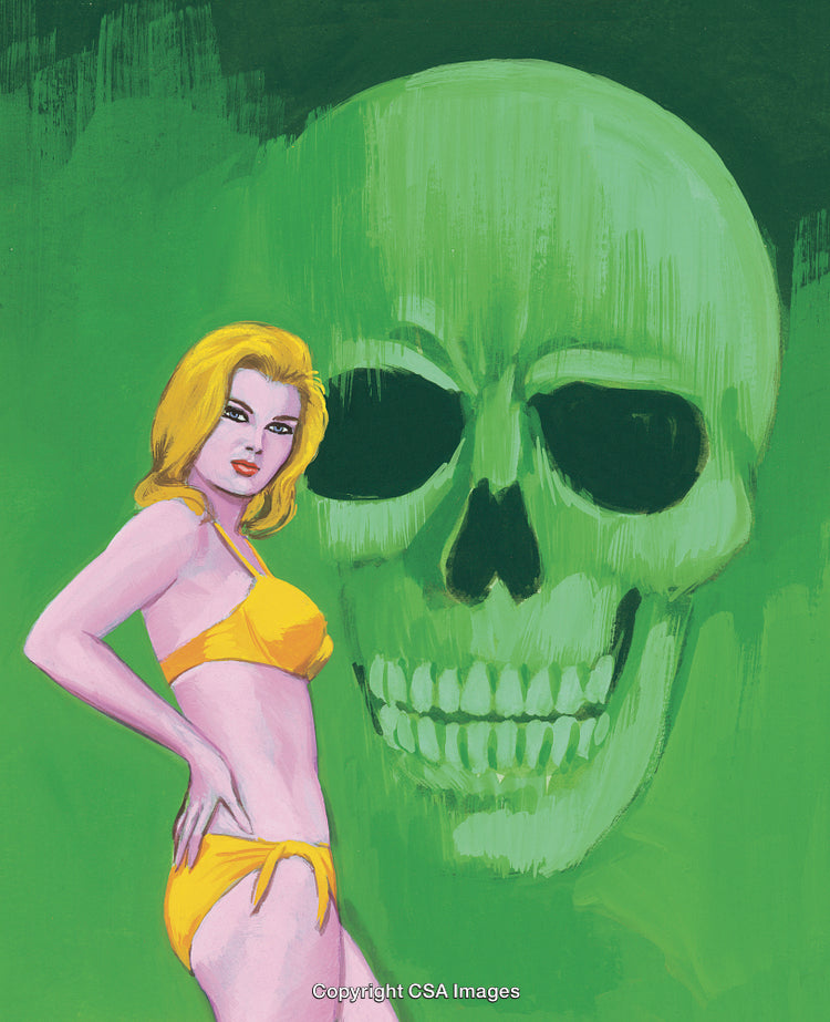 Blonde Woman in Yellow Bikini Beside Green Skull Illustration