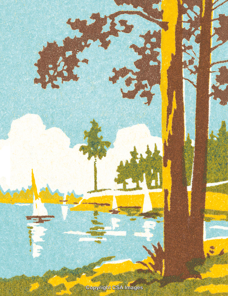 Vintage Art of a Serene Lake Scene with Boats and Trees
