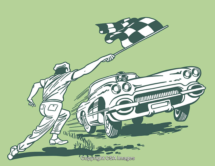 Vintage Car Racing Illustration with Finish Line Checker Flag