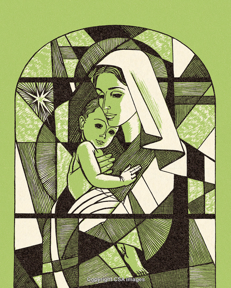 Modern Stained Glass Illustration of Mother Holding Child in Green Tones