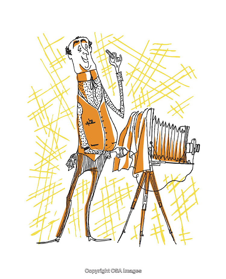 Retro Style Illustration of a Photographer With Vintage Camera and Accessories