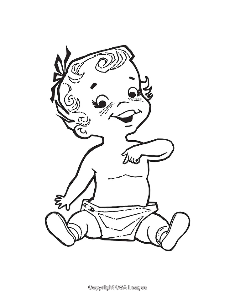 Vintage Black and White Line Illustration of Cheerful Sitting Baby