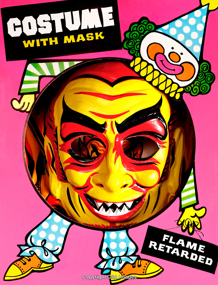 Retro Halloween Mask in Vibrant Packaging with Colorful Clown Design