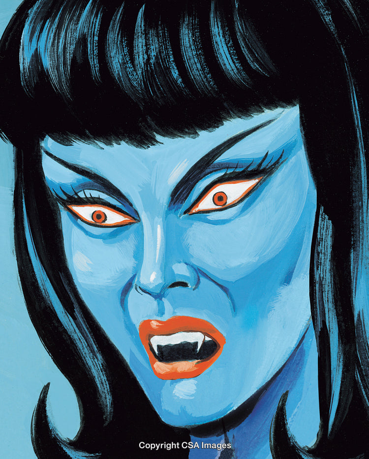 Illustration of a Blue Female Vampire in a Dramatic Expression