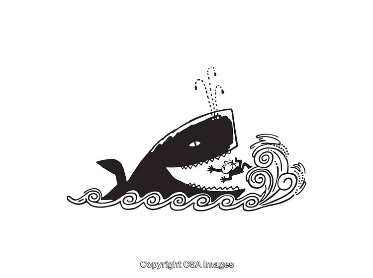 Black and White Illustration of a Shark Encounter and Struggling Character