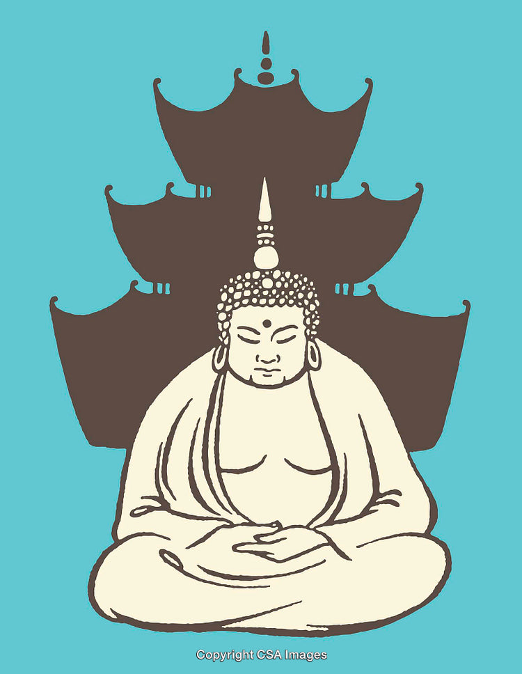 Buddha Line Art Illustration with Pagoda Silhouette on Blue Background