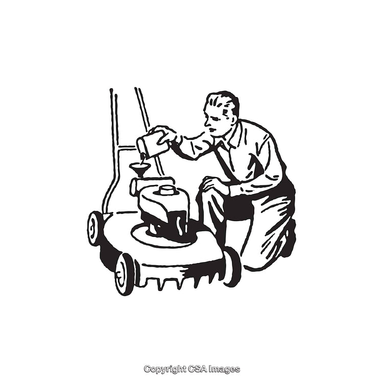Man Filling Gas in Lawn Mower - Black and White Line Drawing