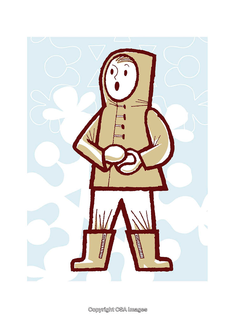 Cartoon Illustration of a Bundled-Up Figure in a Playful Winter Scene