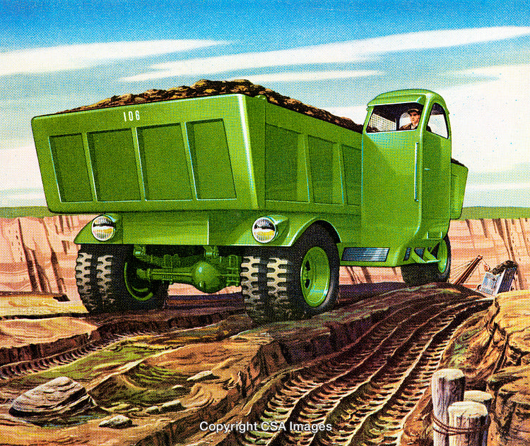 Large Green Dump Truck Transporting Earth Through a Rugged Construction Landscape