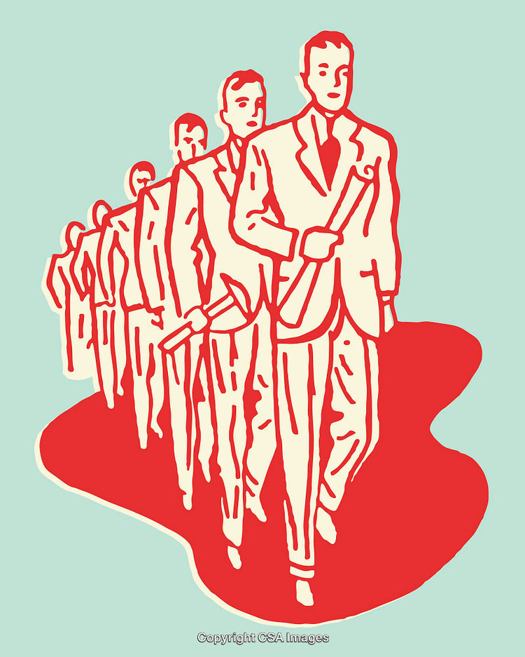 Illustration of Businessmen Walking in Line with Bold Graphic Style