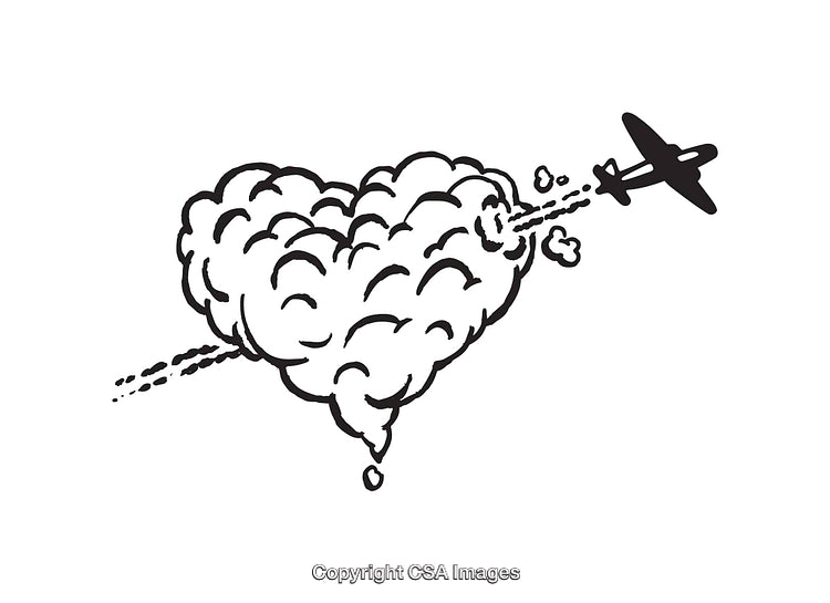 Airplane Flying Through a Heart-Shaped Cloud in Black and White Illustration