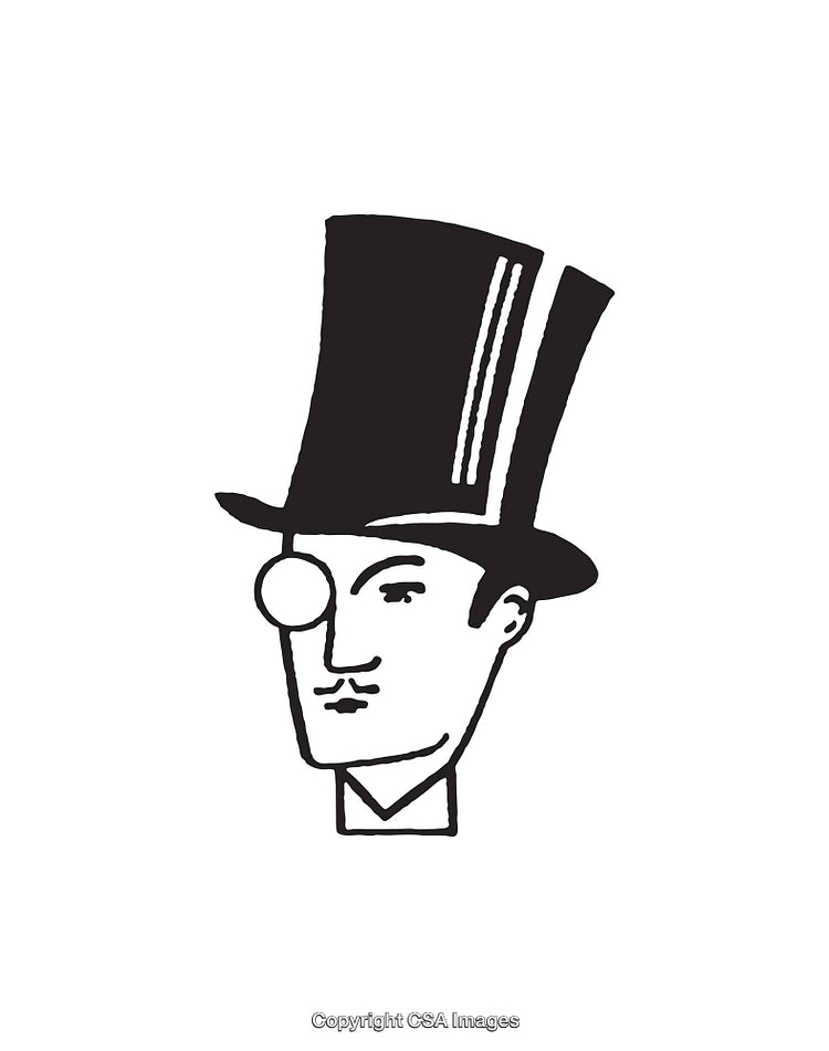 Black and White Illustration of a Monocle Gentleman in Top Hat