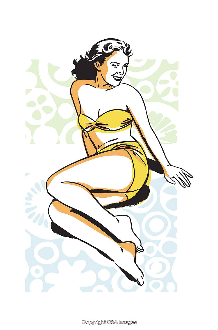 Retro Style Illustration of a Woman in a Vibrant Yellow Bikini
