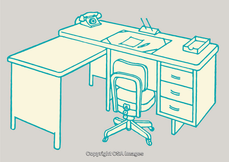 Colorful Line Art Illustration of a Classic Office Desk and Chair