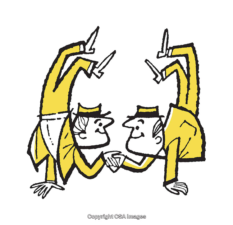 Cartoon Illustration of Two Identical Waiters Holding Hands with Cutlery