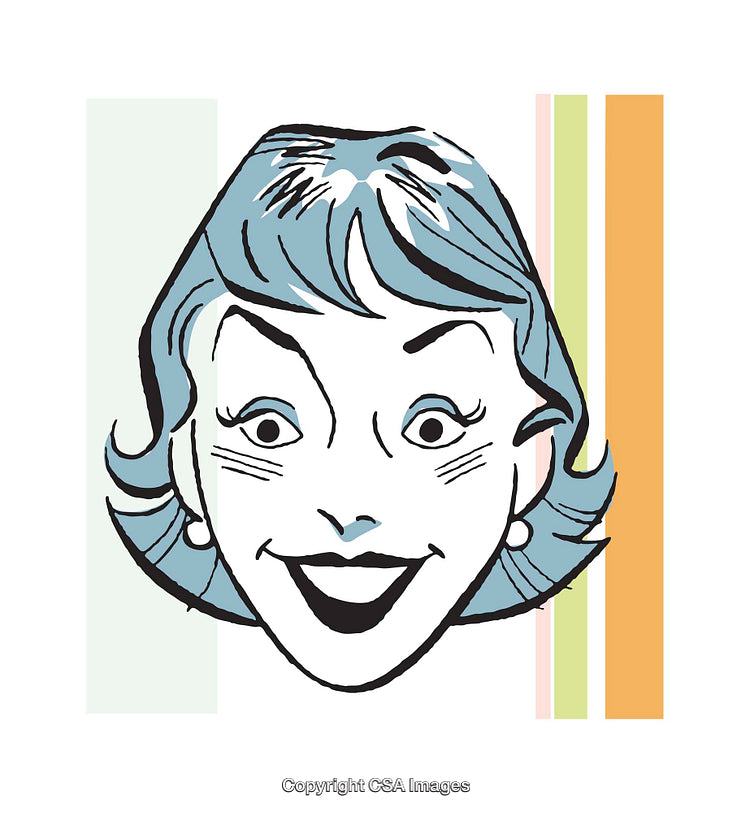 Retro Pop Art Style Smiling Female Character with Bold Colors and Expression