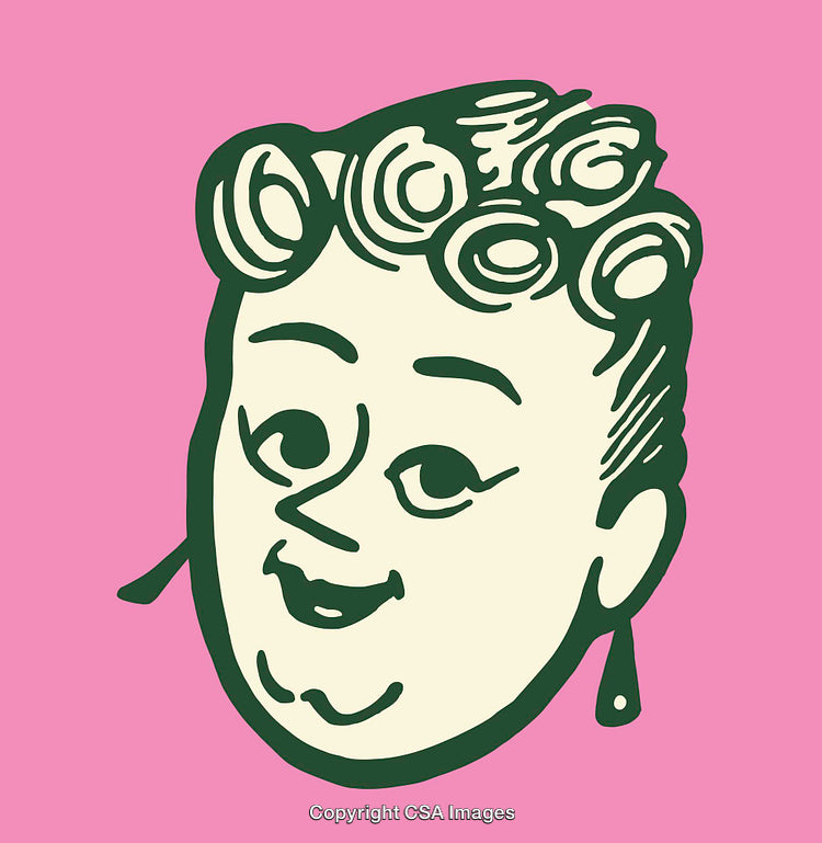 Retro Style Cartoon Illustration of a Cheerful Woman's Head in Line Art