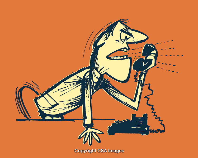 Illustration of Angry Character Yelling into a Vintage Telephone