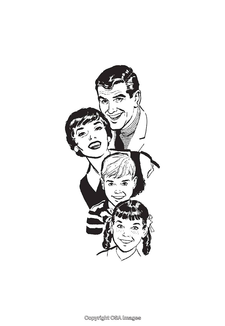 Retro Style Black and White Illustration of a Smiling Family Portrait