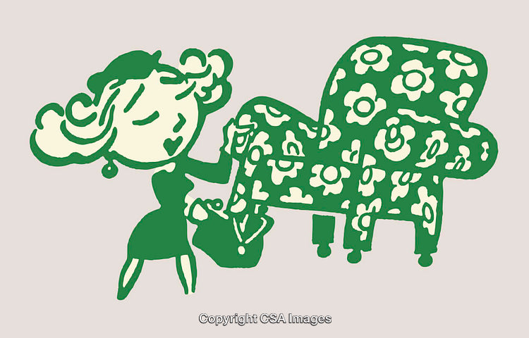 Retro Illustration of Stylish Woman Lifting Floral Armchair in Green
