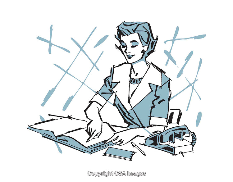 Retro Style Illustration of a Woman Working at a Desk